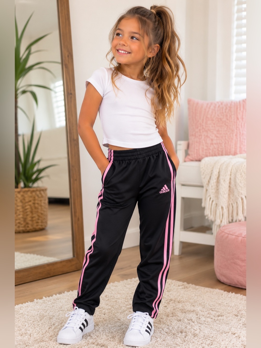 Adidas Girls 6X Black Pink 3-stripe Track pants Sweatpants Athletic Athleisure